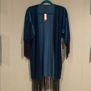Sapphire/teal velvet kimono w/ black fringe NWT